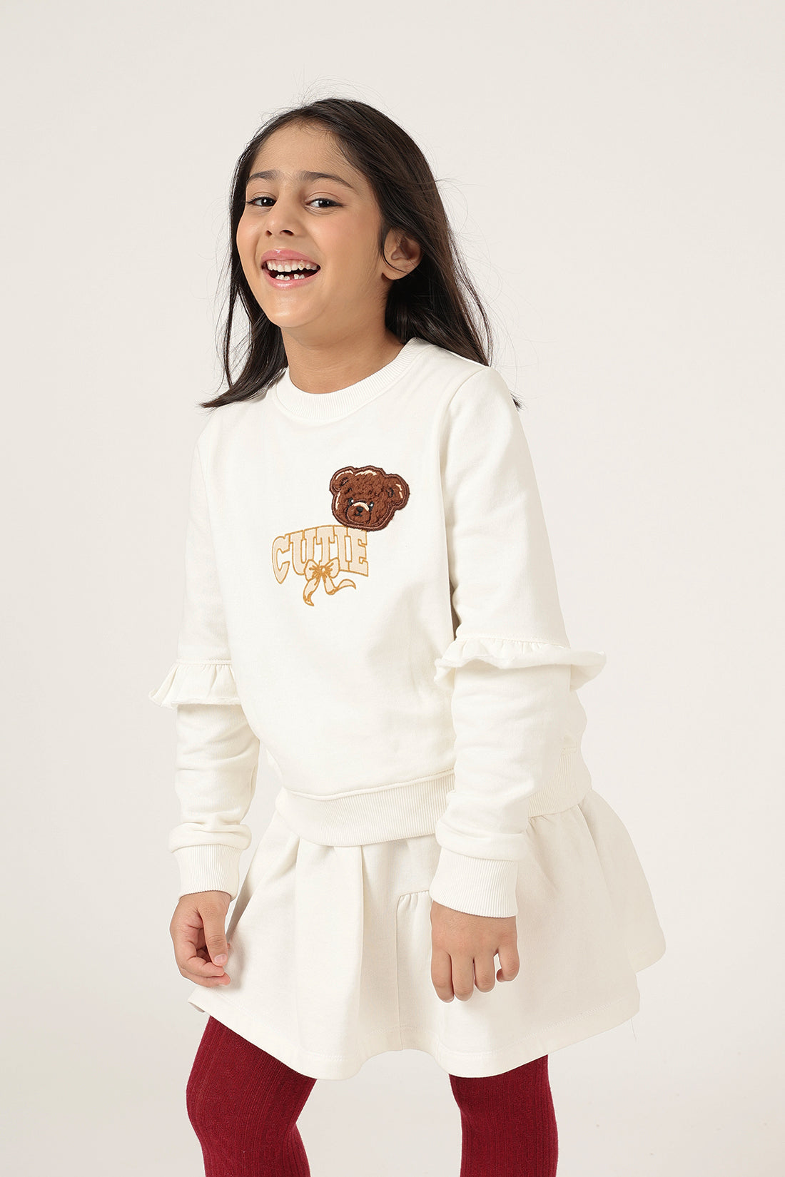 Girls Off White Cotton Fleece Full Sleeve Top