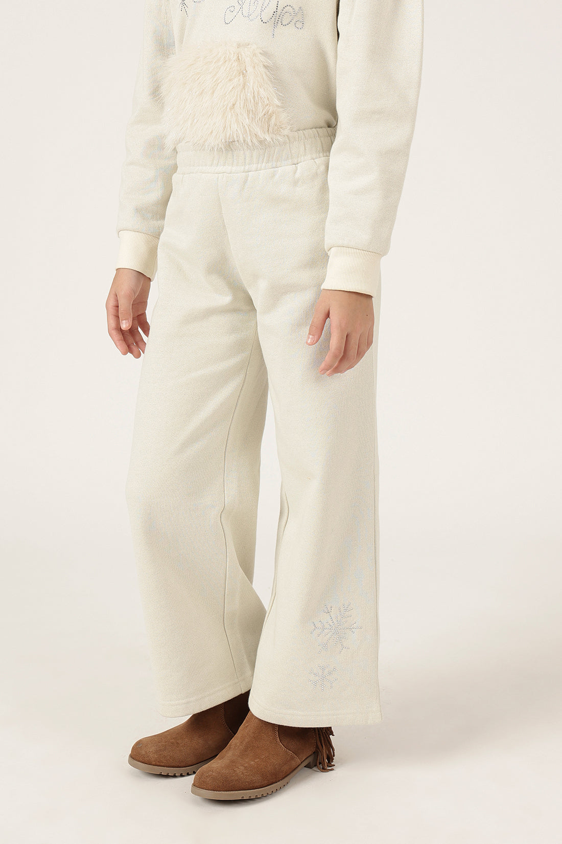 Girls Off White Cotton Blend Knit Track Pant