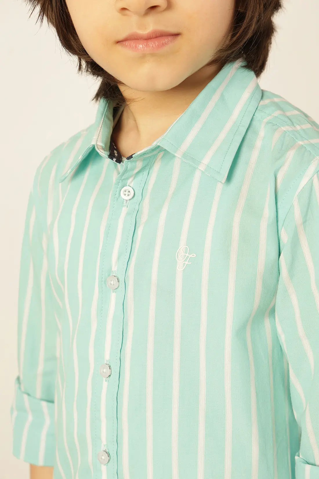 Boys Blue Striped Chinese Collar Cotton Shirt