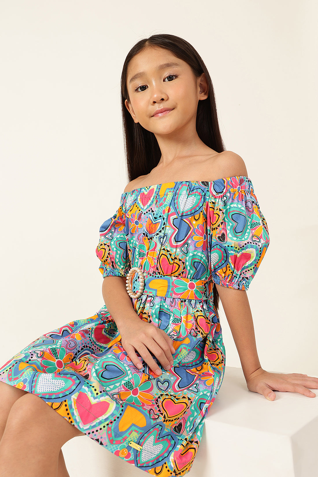 Girls Multicolor Off-Shoulder Drop-Waist Dress