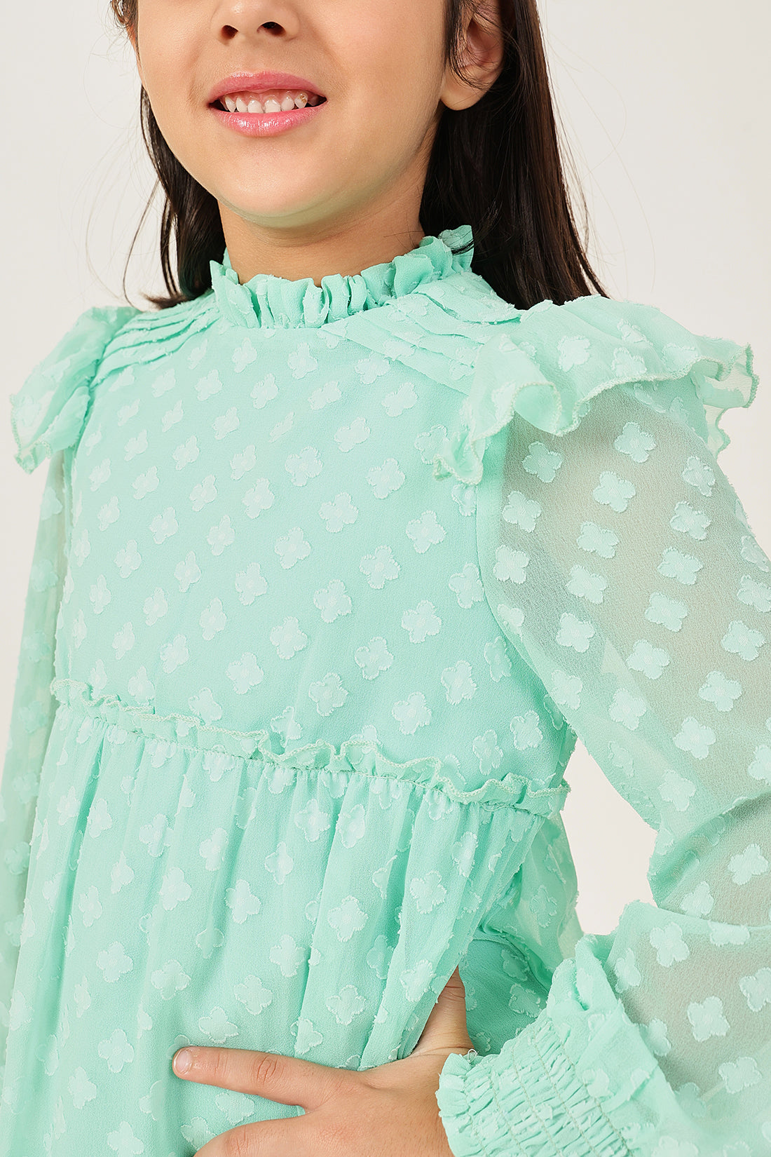 Girls Aqua Buta Dobby Round Neck Full Sleeve Dress