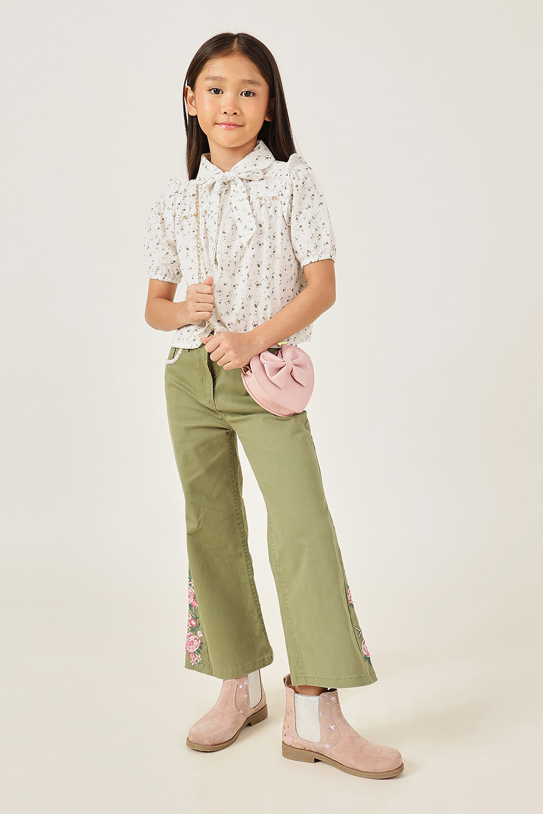 Girls Olive Cotton Spandex Trouser with Button