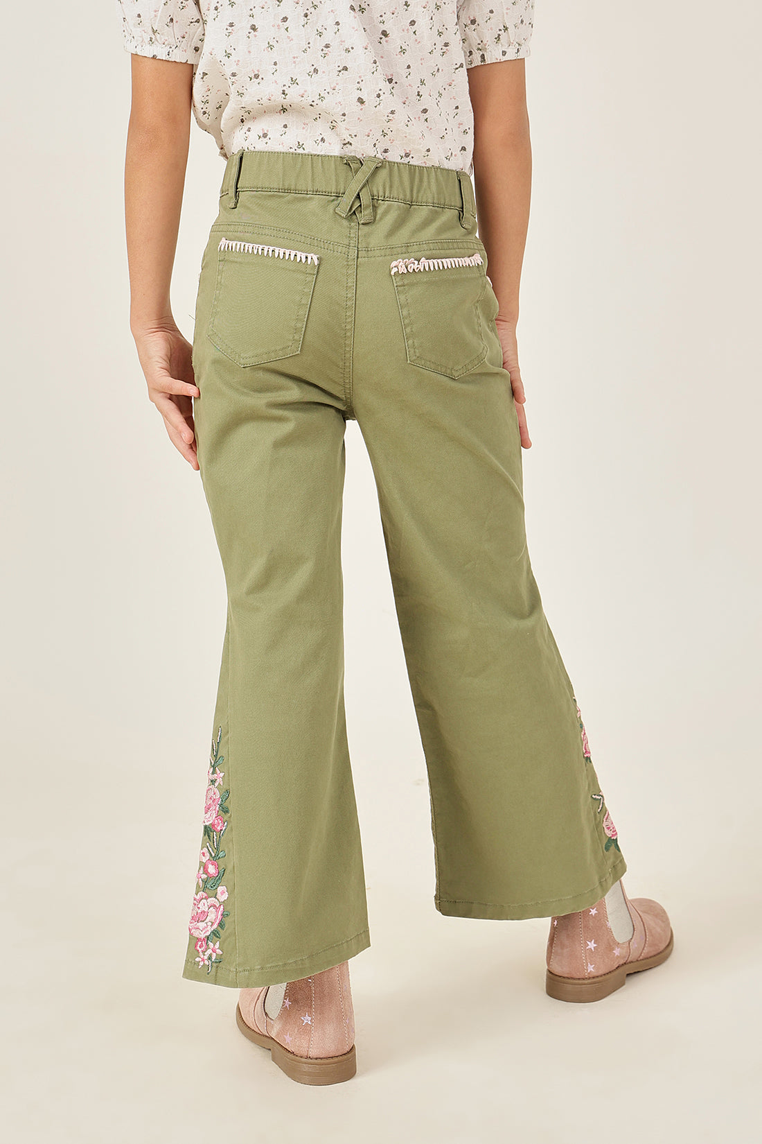 Girls Olive Cotton Spandex Trouser with Button