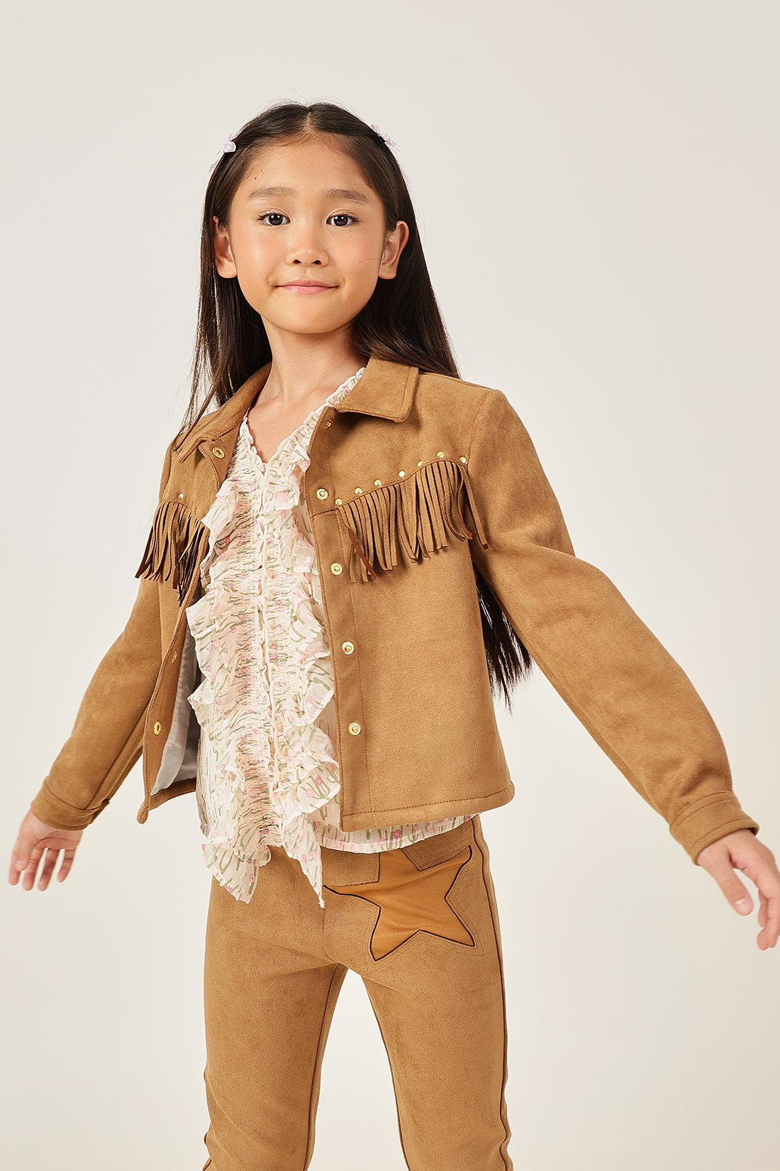 Girls Brown Solid Shirt Collar Press Button Jacket