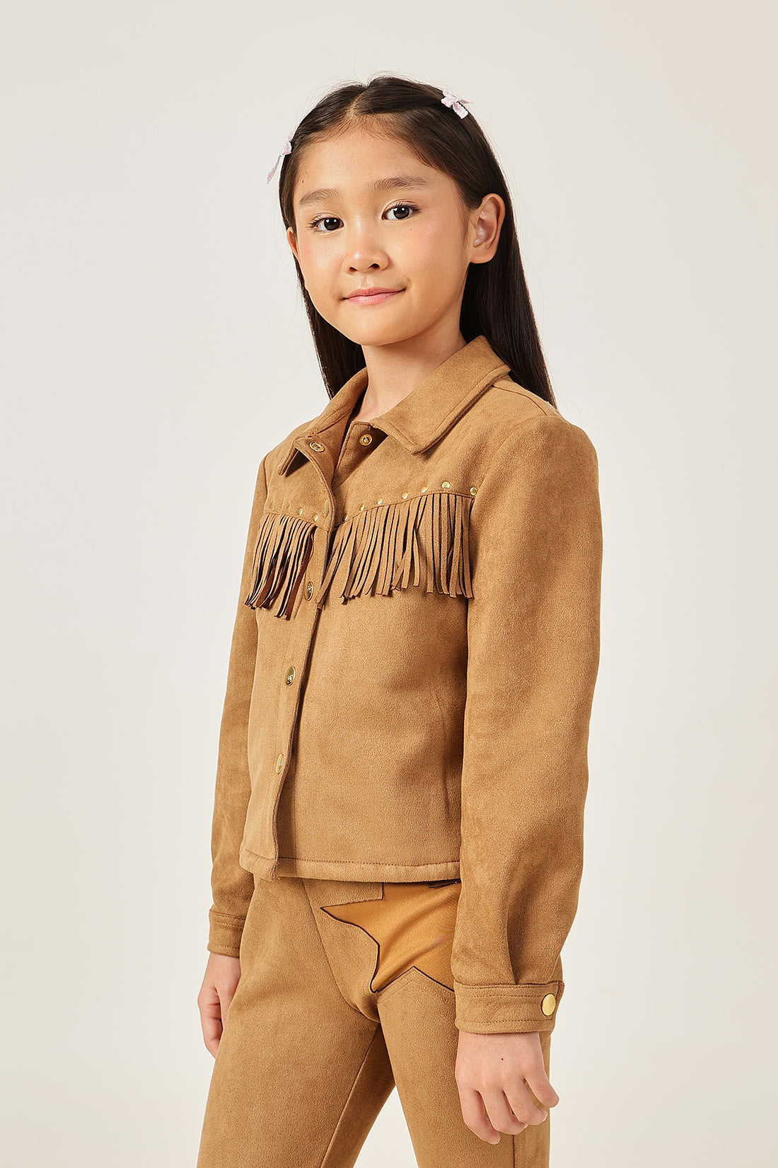 Girls Brown Solid Shirt Collar Press Button Jacket