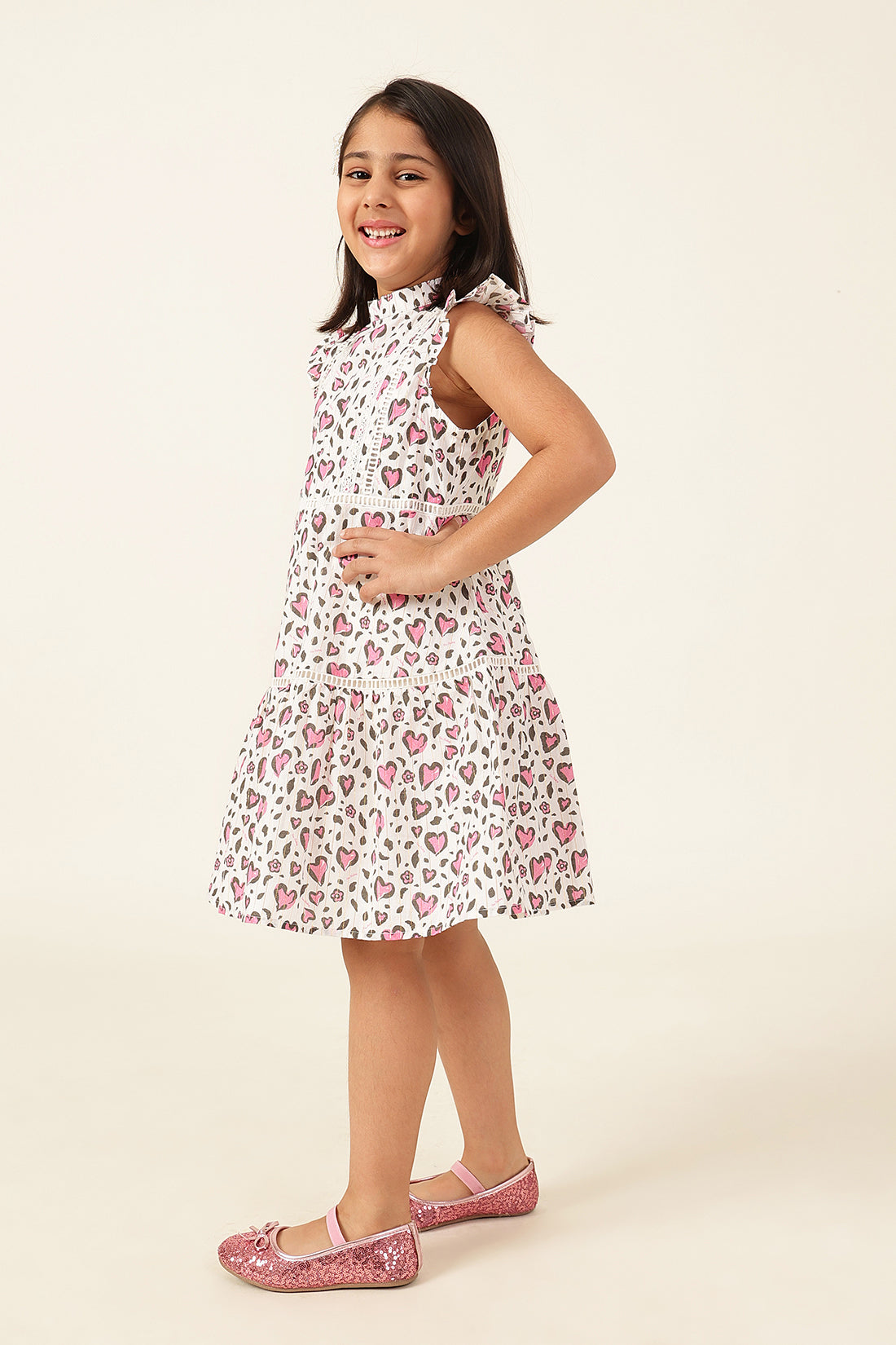 Girls Heart Print Cotton Cap Sleeve Dress