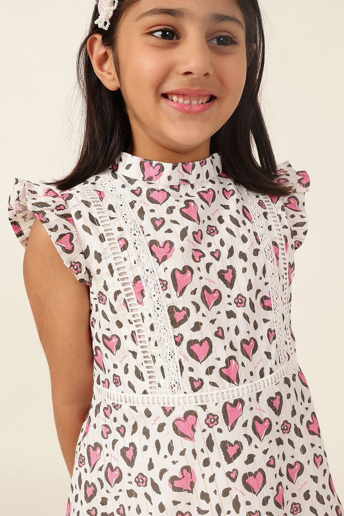 Girls Heart Print Cotton Cap Sleeve Dress