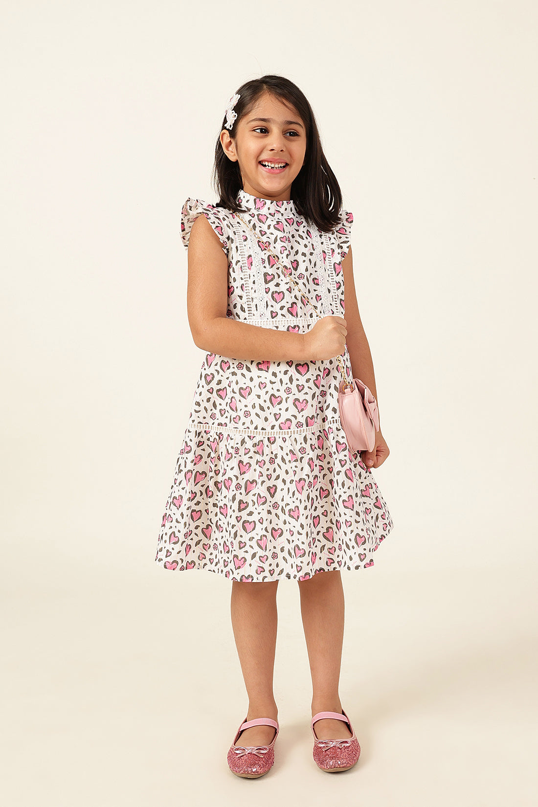 Girls Heart Print Cotton Cap Sleeve Dress