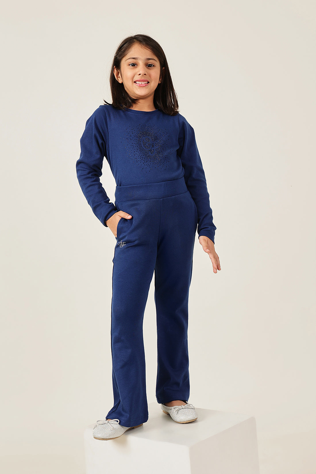 Girls Navy Blue Knit Track Pants One Friday