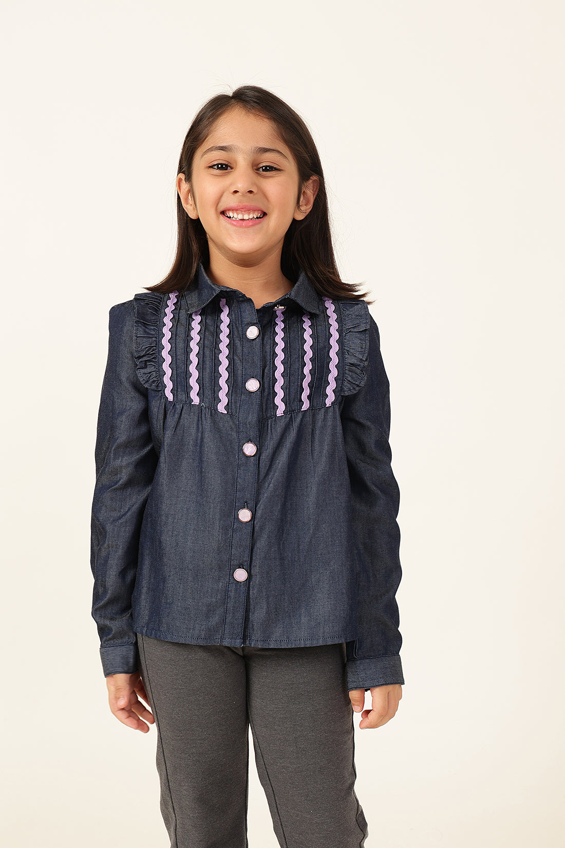 One Friday Girls' Dark Blue Regular Shirt with Lace Yoke Detail