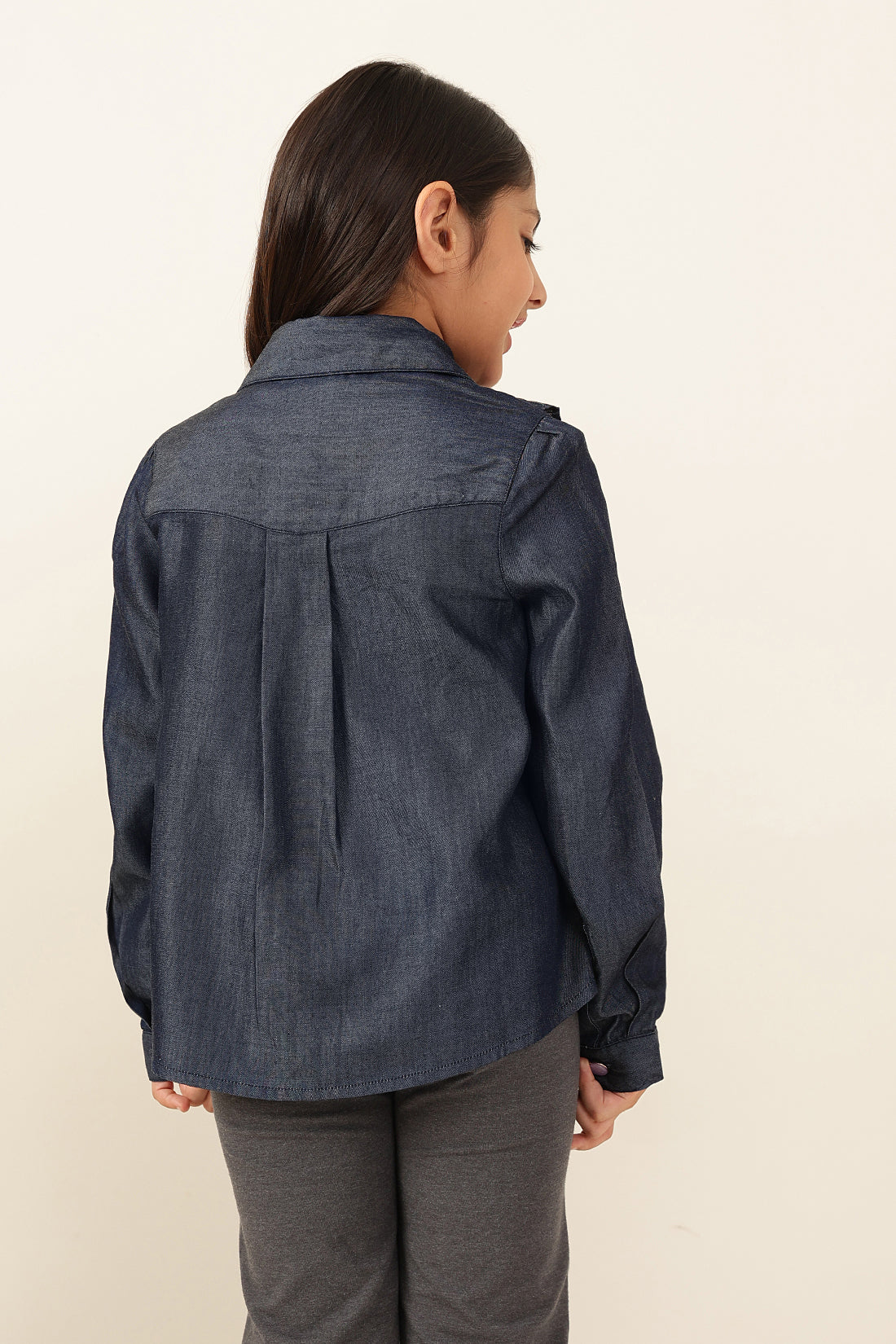 One Friday Girls' Dark Blue Regular Shirt with Lace Yoke Detail