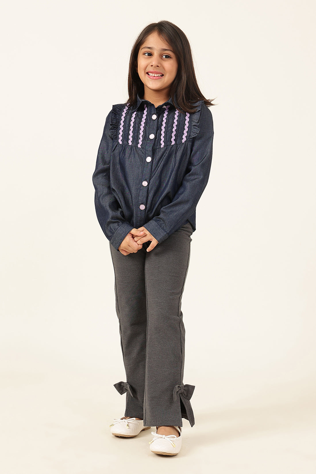 One Friday Girls' Dark Blue Regular Shirt with Lace Yoke Detail