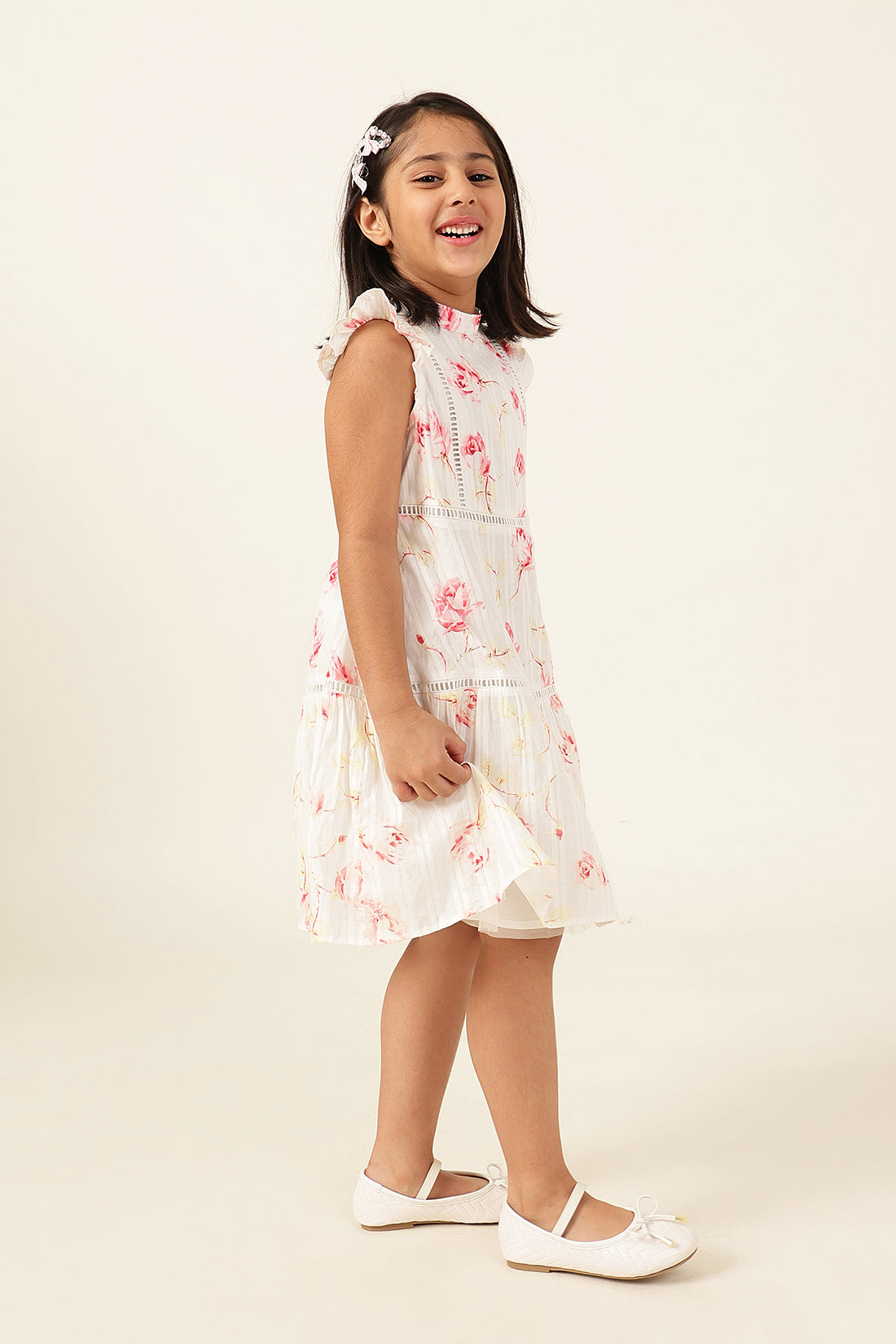 Girls Floral Print Cotton Round Neck Dress