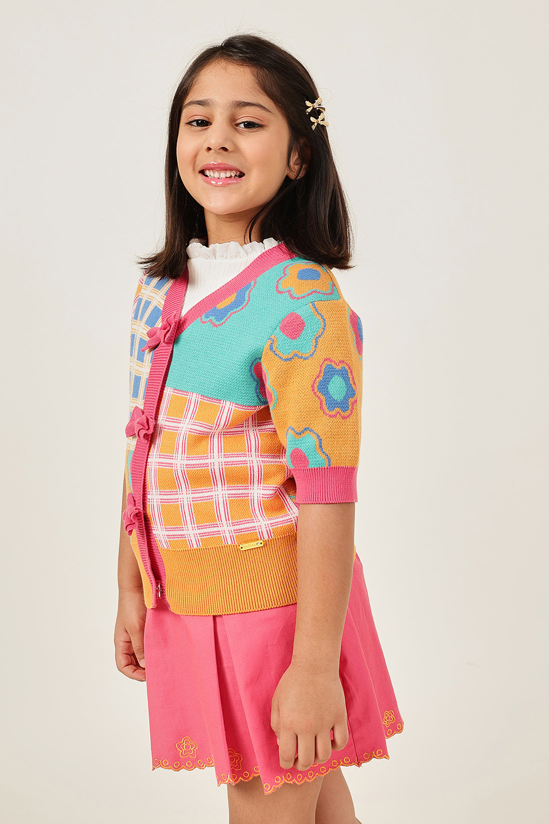 Girls Multi-Color Checked Knit Cardigan One Friday