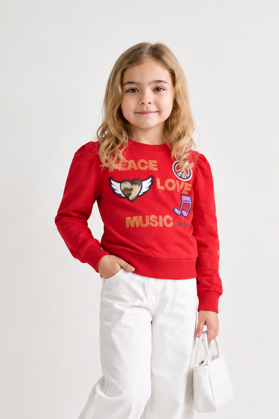 Girls Red Embellished Cotton Fleece Sweatshirt