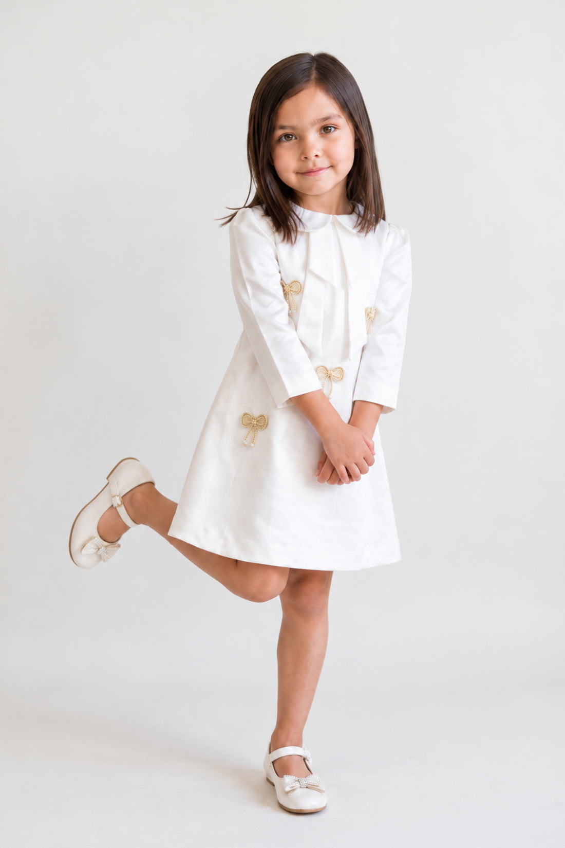 Off White Satin Peter Pan Collar Dress