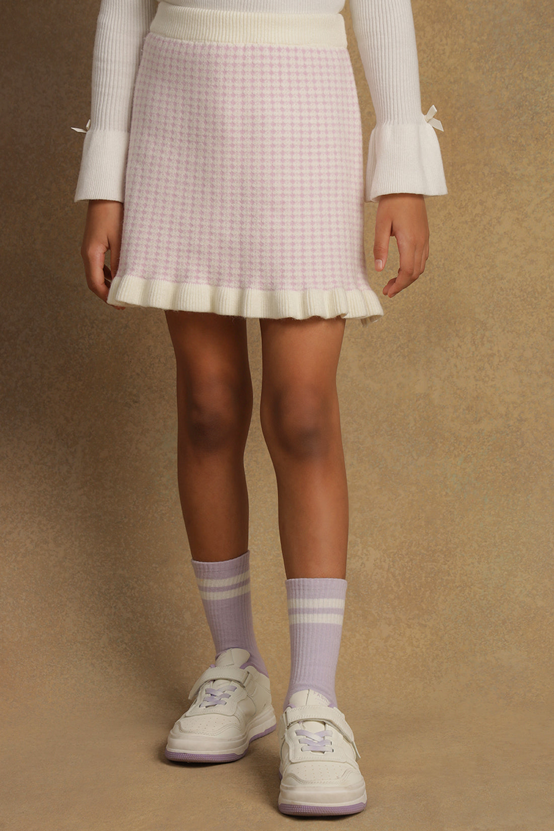 One Friday Girls Lavender & White Checks Knitted Woolen Skirt