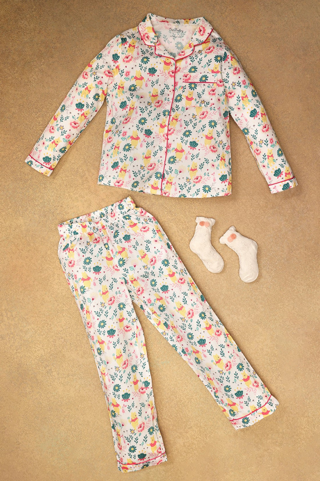 Kids Girls Off White Winnie The Pooh Night Suit