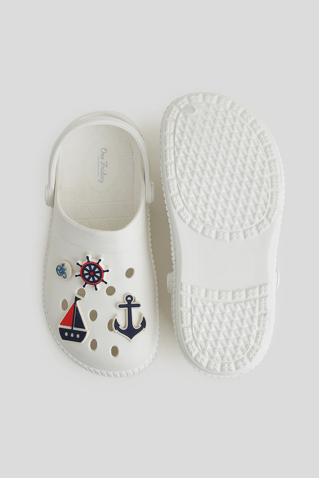 Unisex White Nautical Clogs with 3D Marine Charms & Strap | One Friday