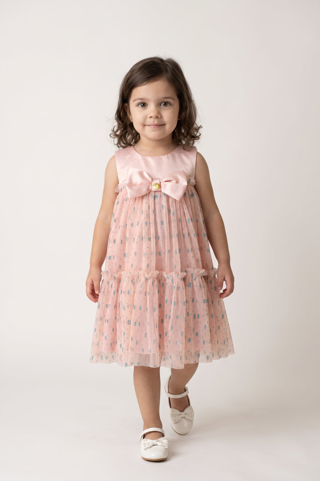 Girls Peach Printed Cotton Casual Dress
