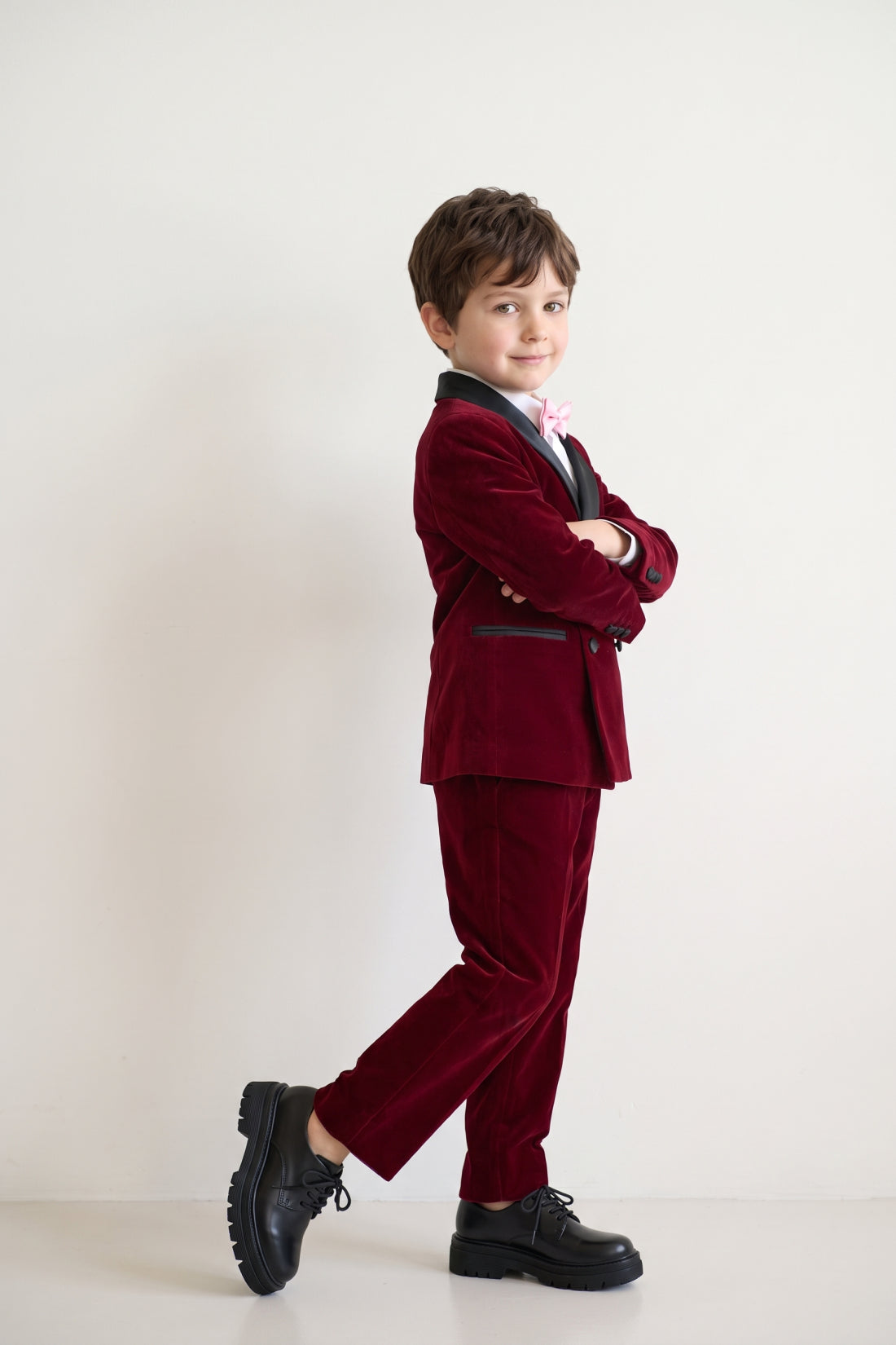 Boys Burgundy Velvet Regular Fit Suit