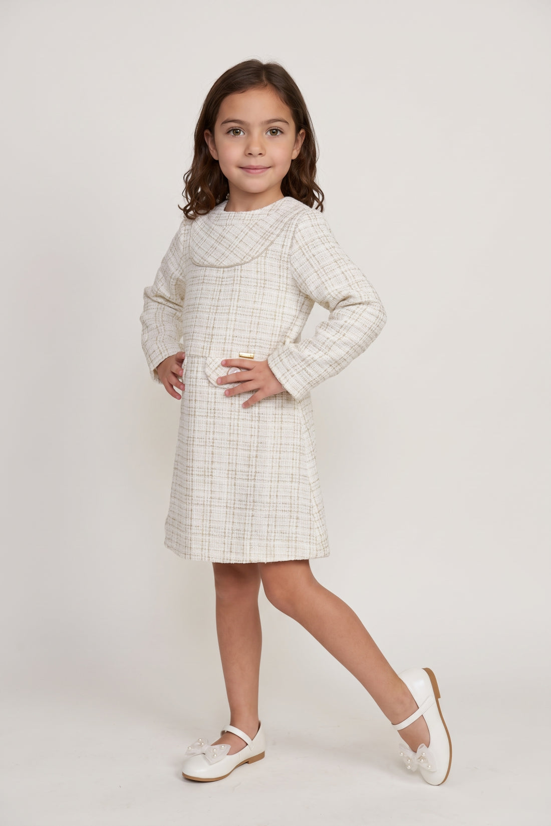 Off White Boucle Stand Collar Full Sleeve Dress
