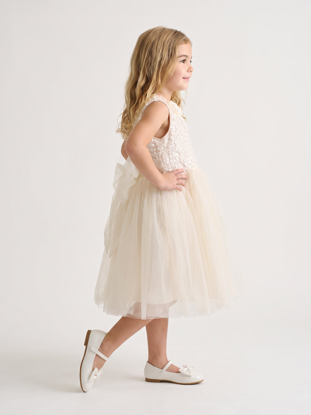 Girls Off White Embellished Mesh Sleeveless Dress