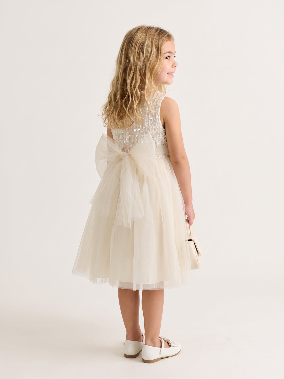 Girls Off White Embellished Mesh Sleeveless Dress