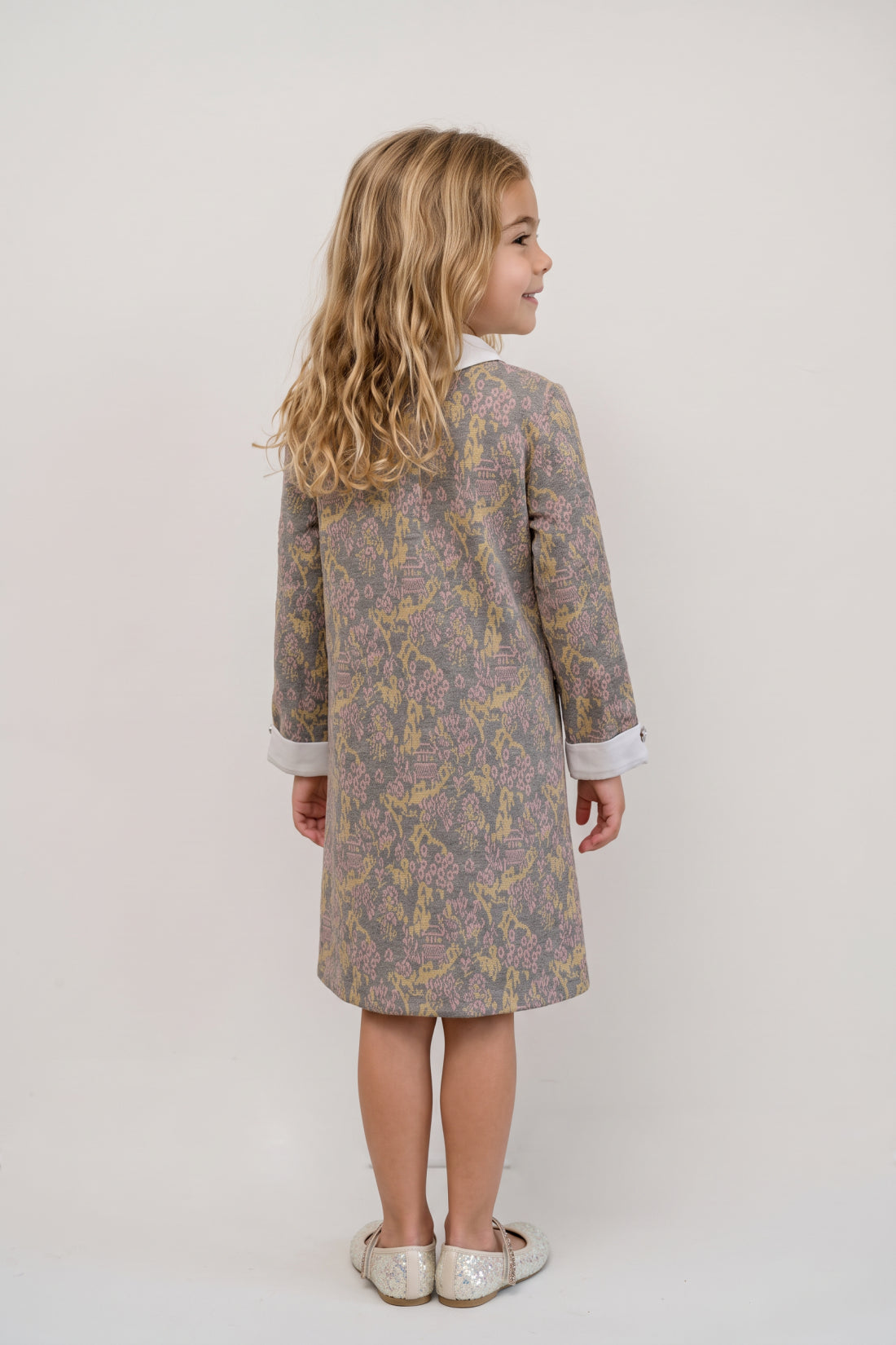 Multi Colour Jacquard Shirt Collar Sleeveless Dress