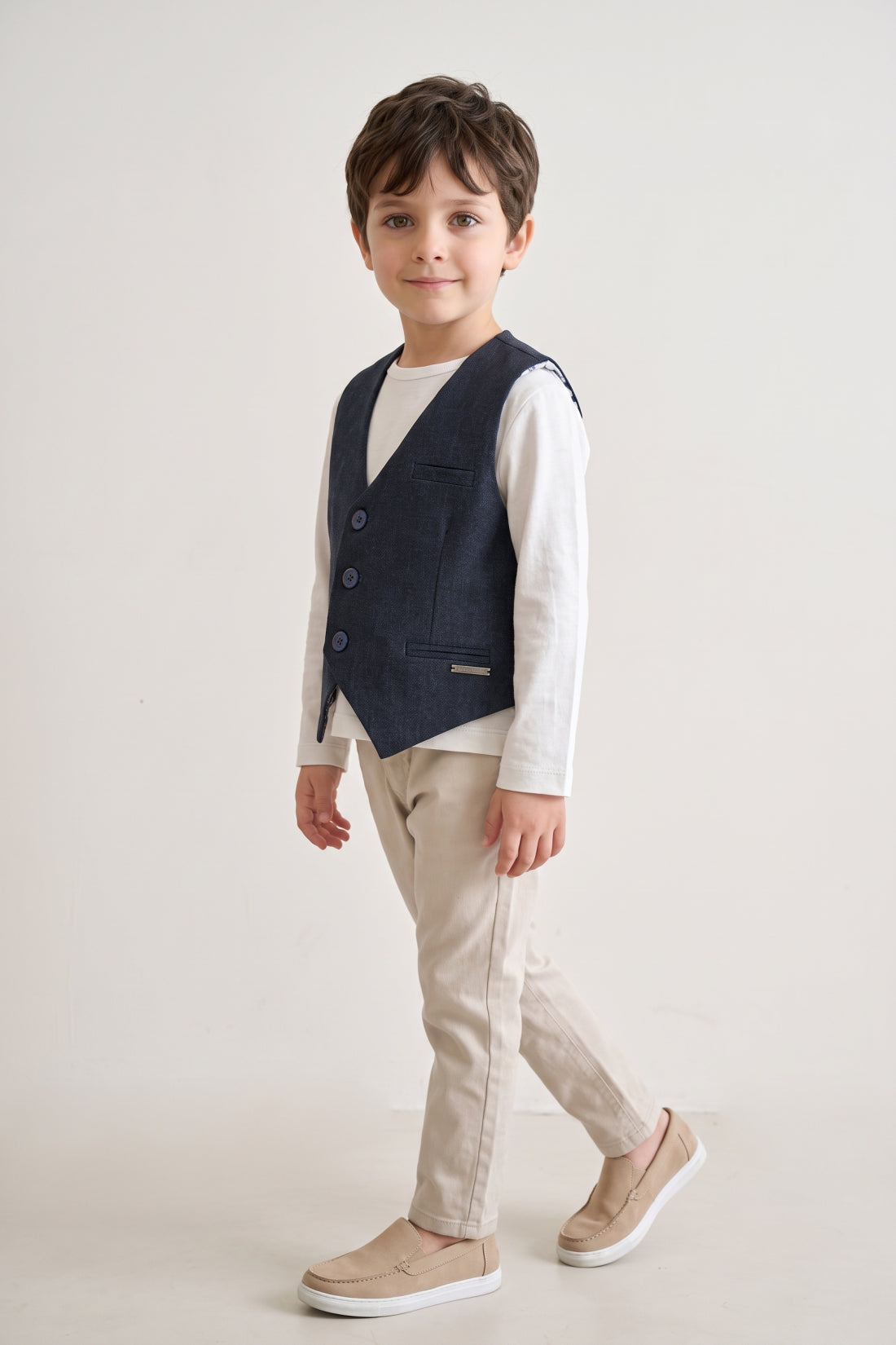Boys Navy Blue Solid Twill V-Neck Waistcoat