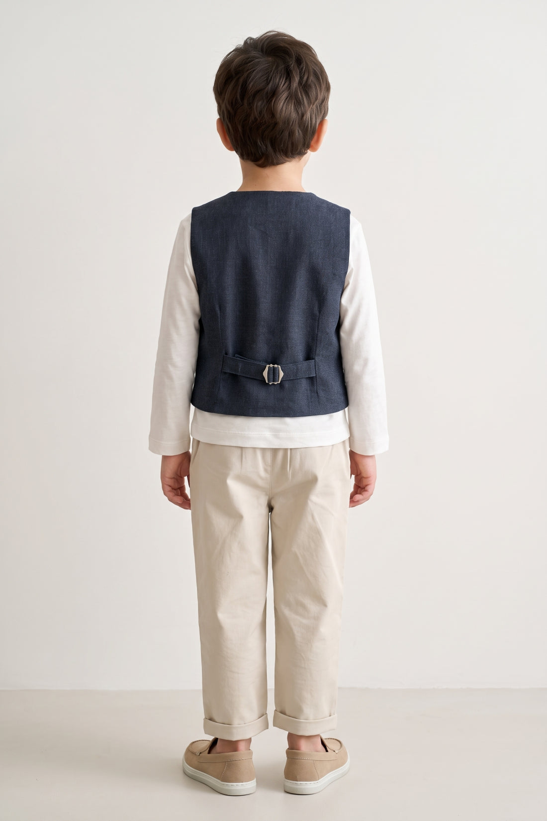 Boys Navy Blue Solid Twill V-Neck Waistcoat