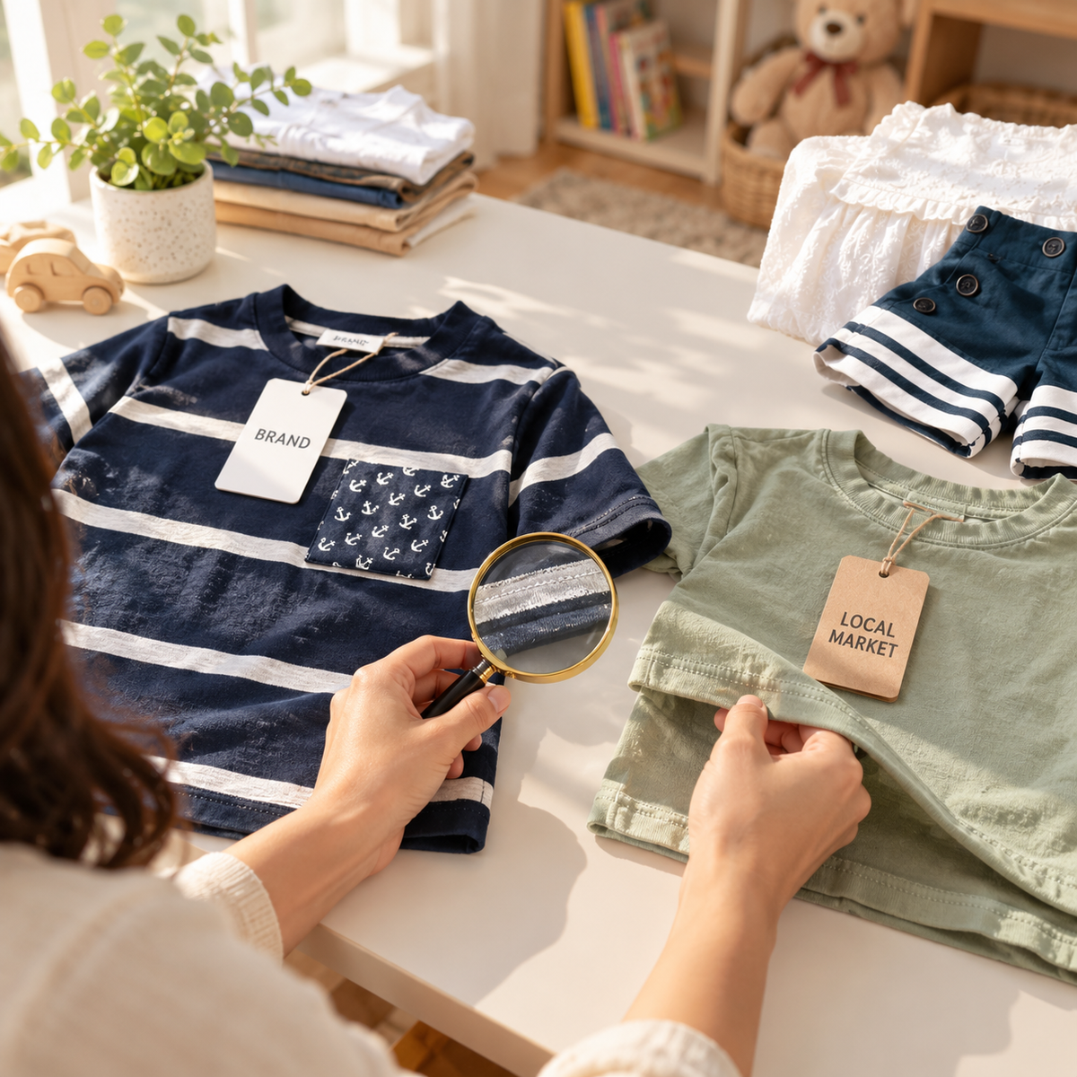 mother checking clothes 