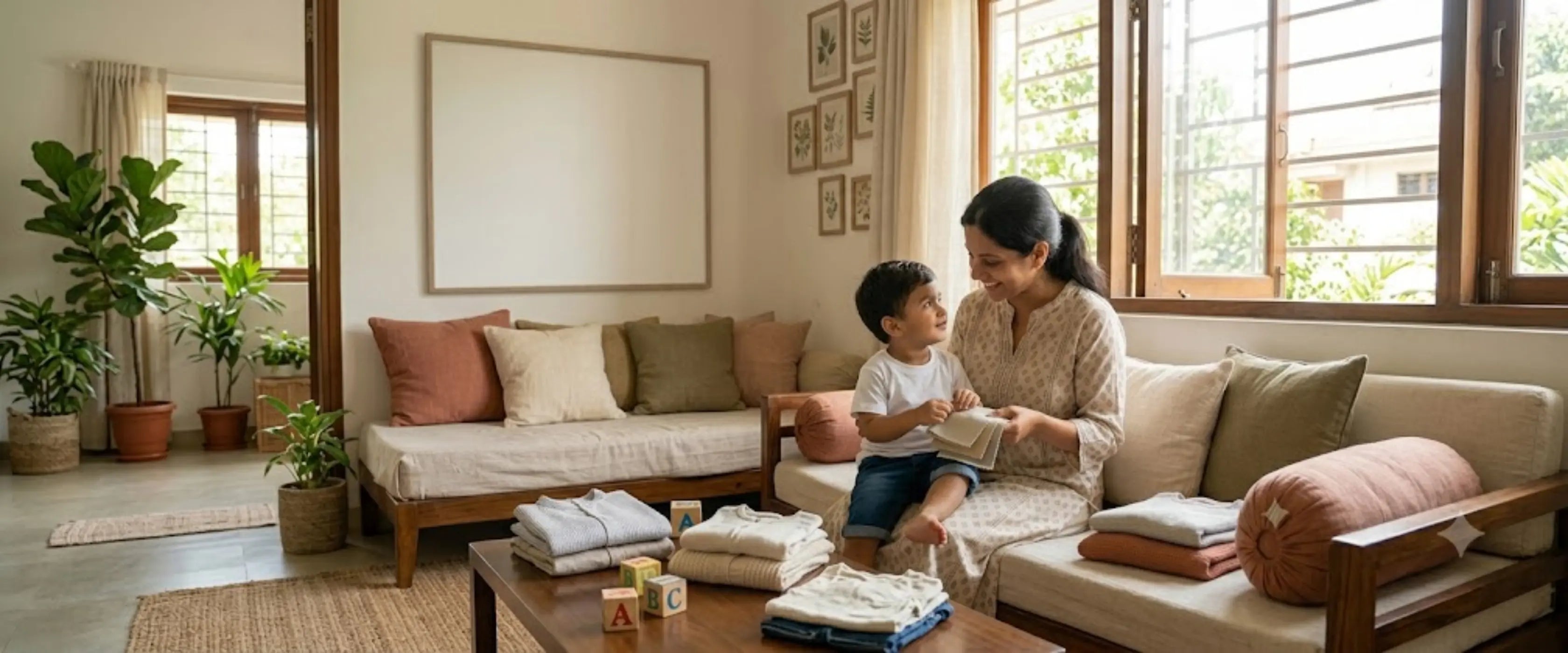 Mother with child in aliving room