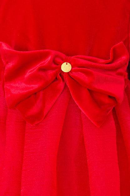 Girls Red Solid Velour Full Sleeve Dress