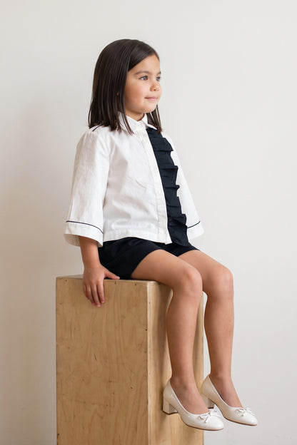 Girls White Cotton Satin Button-Down Top