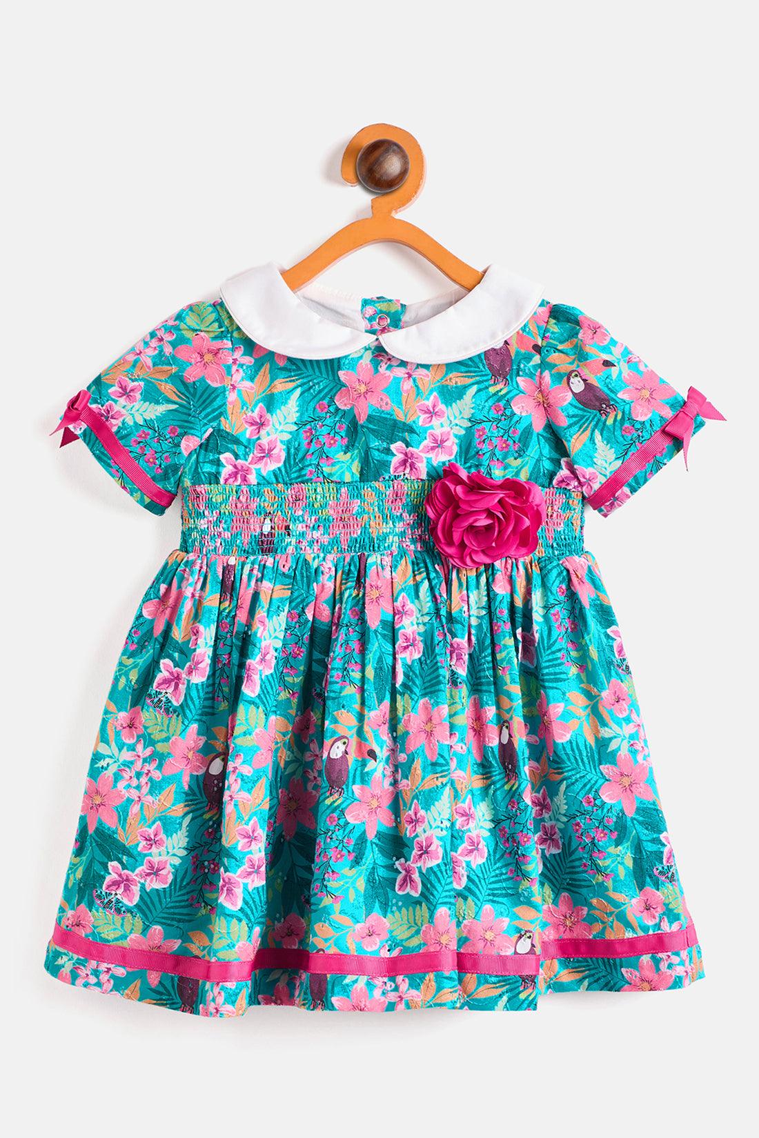 One Friday Baby Girls Green and Pink Cotton Peter Pan Collar Dress