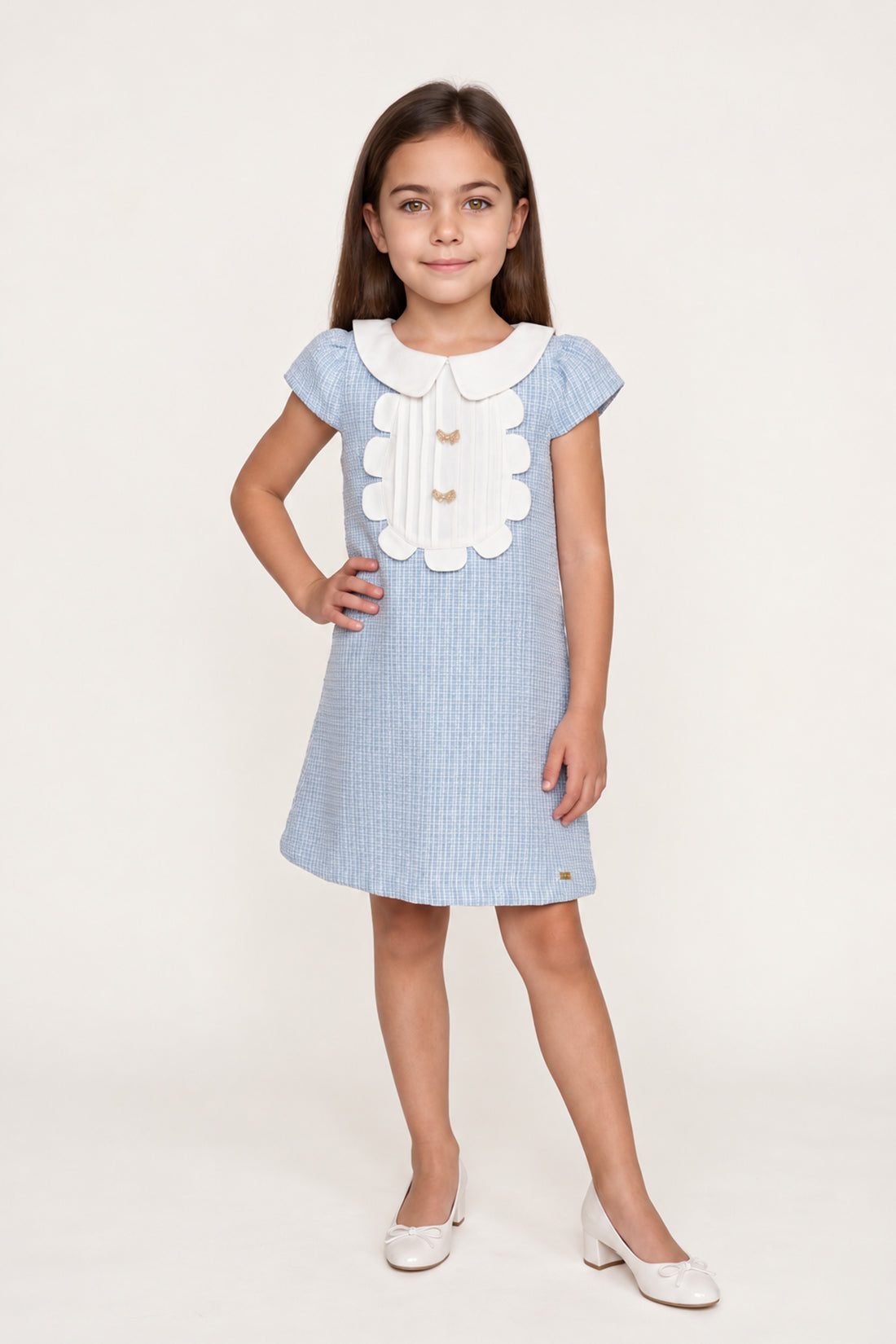 Girls Blue Boucle Shirt Collar Half Sleeve Dress