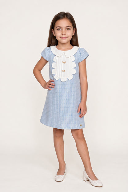 Girls Blue Boucle Shirt Collar Half Sleeve Dress