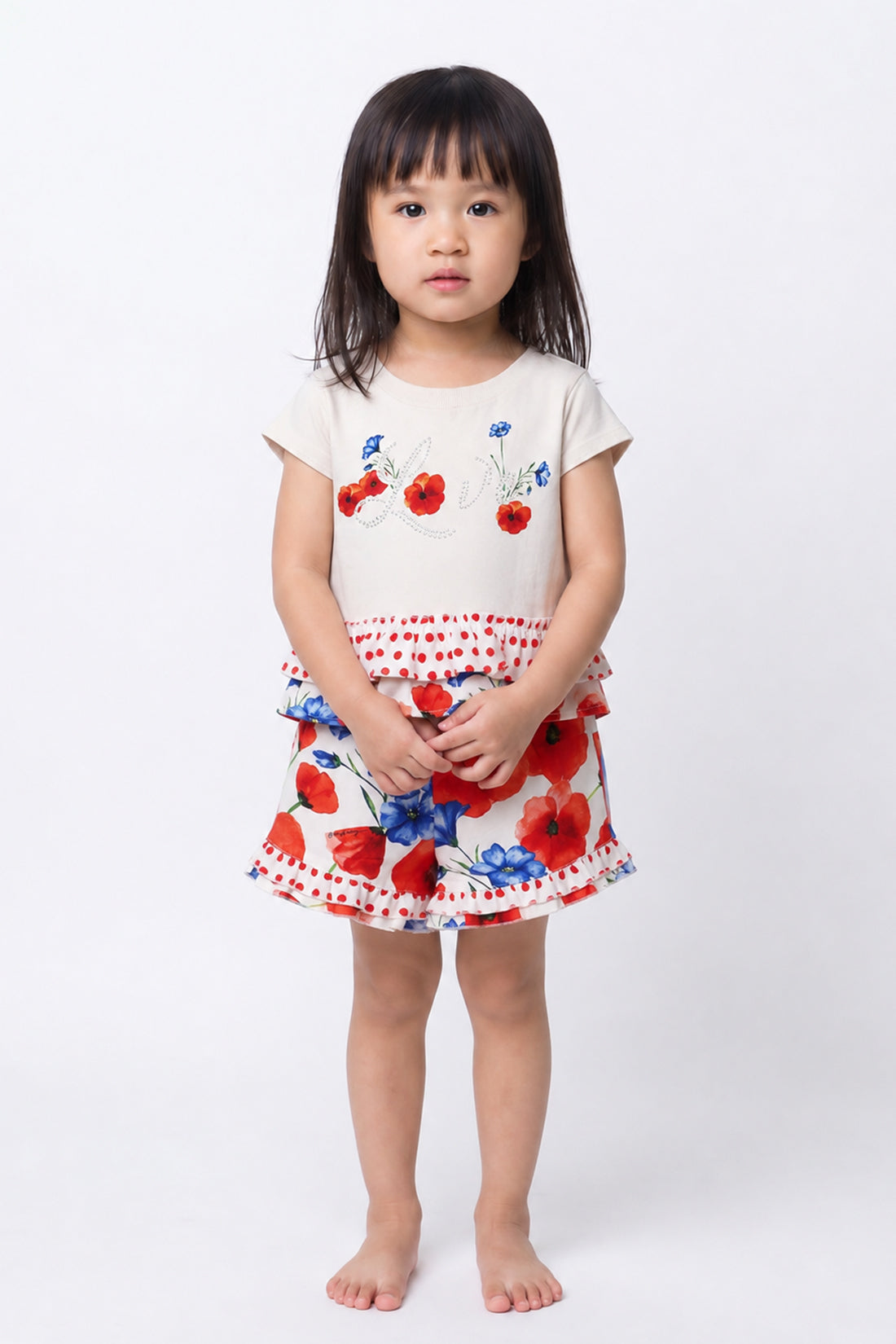 Baby Girls Off White Floral Peplum Top With Shorts Set