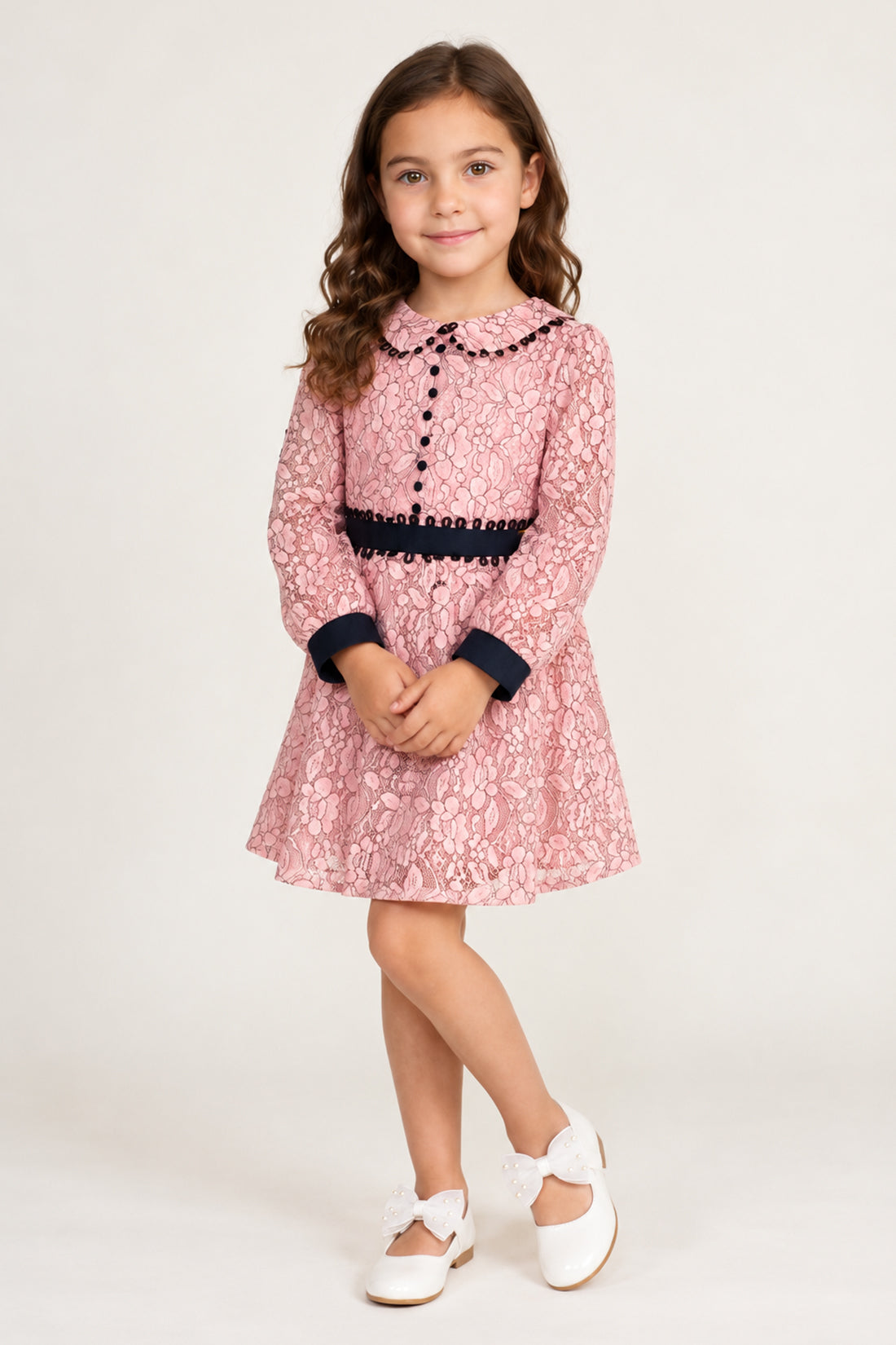 Girls Peach Lace Mesh Full Sleeve Dress