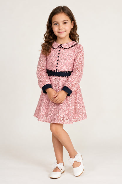 Girls Peach Lace Mesh Full Sleeve Dress