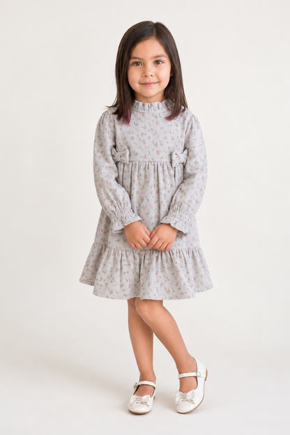 Baby Girls Blue Printed Corduroy Full Sleeve Dress