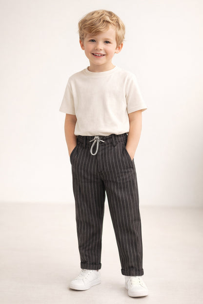 Boys Black Striped Polyester Trousers