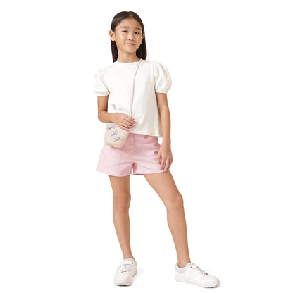 Girls Pink Solid Cotton Button Shorts