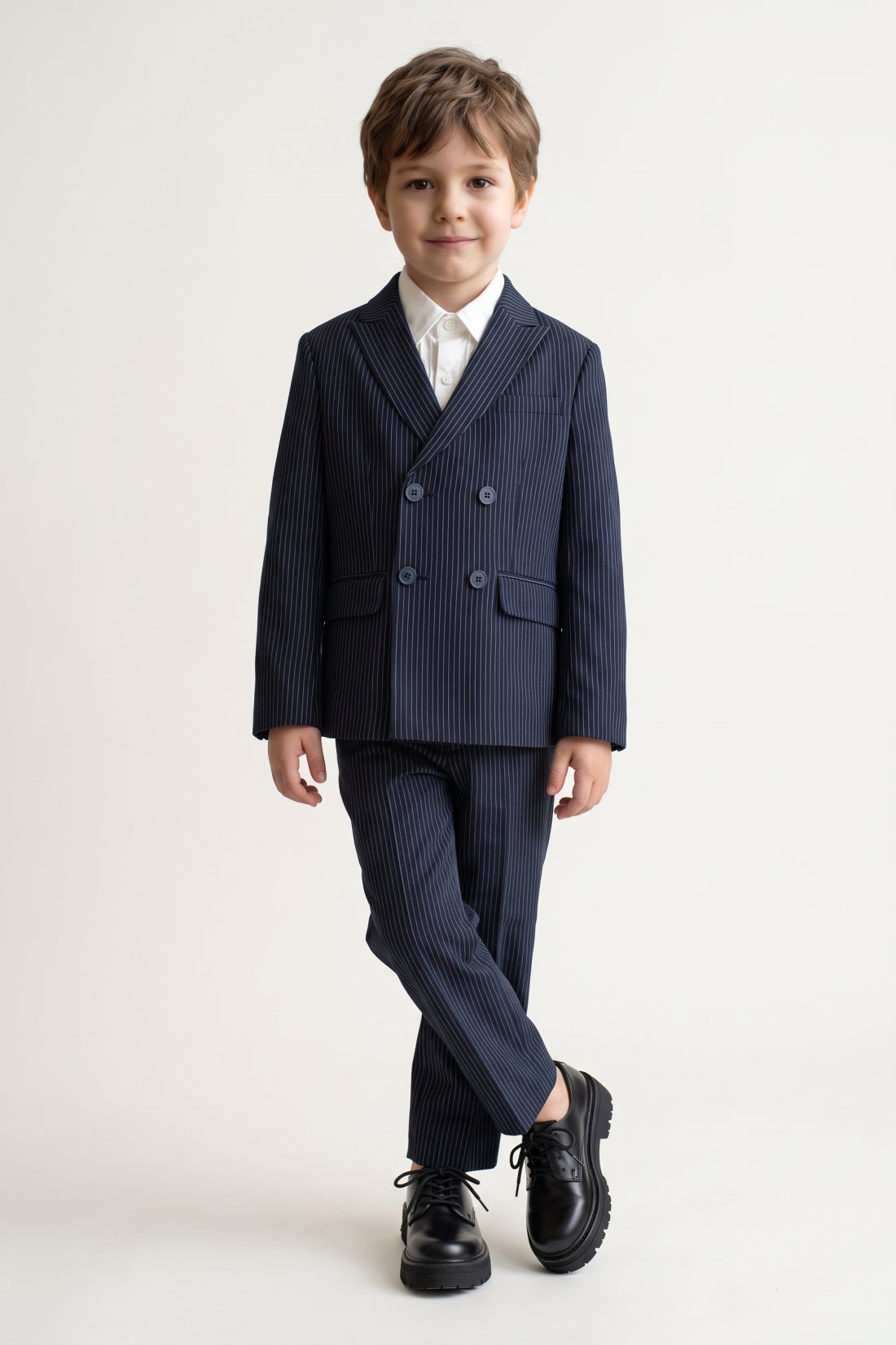 Boys Navy Blue Striped Twill Zip Trousers