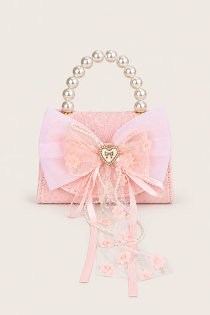 Girls Pink Pearl Mesh Embellished Hand Bag