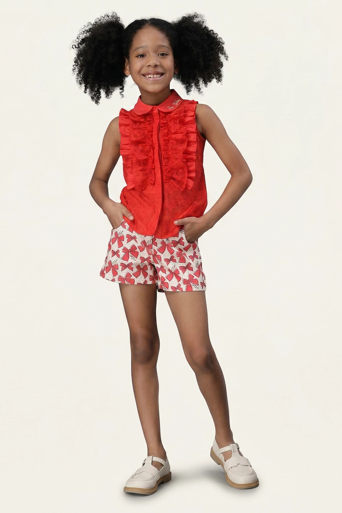 Girls White Short with Red Bow Print