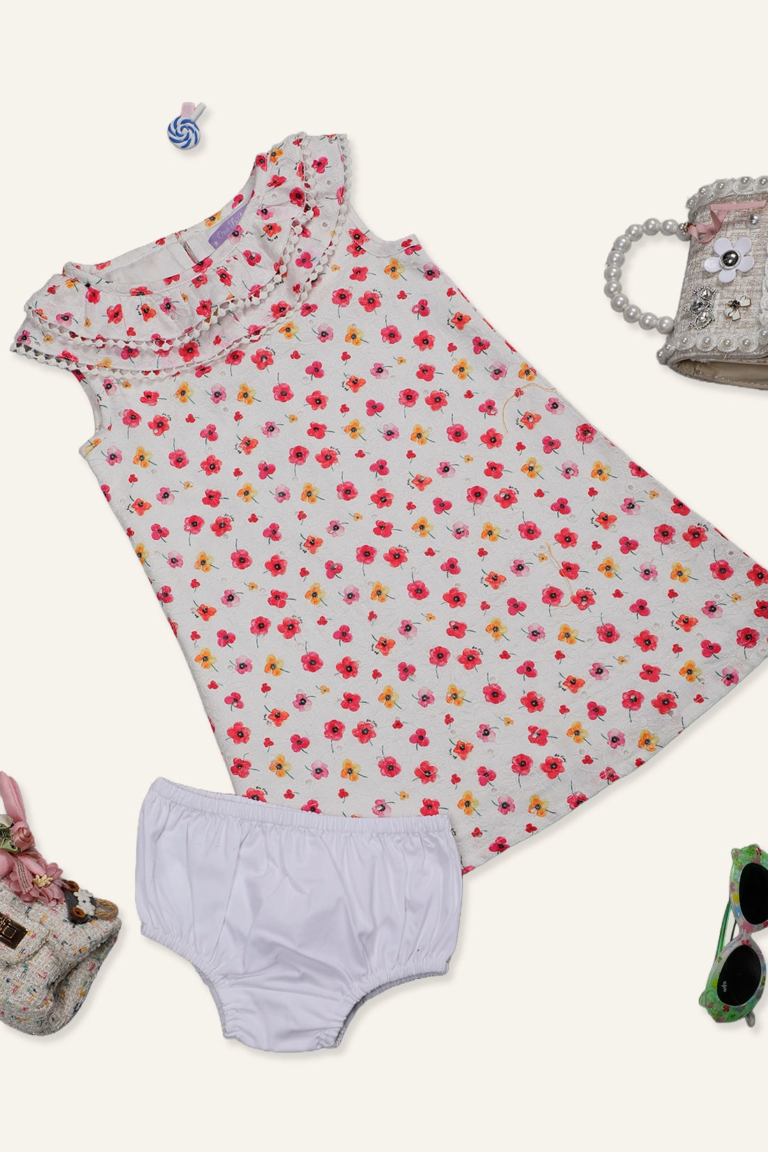 Baby Girls Off White Floral Printed Dress
