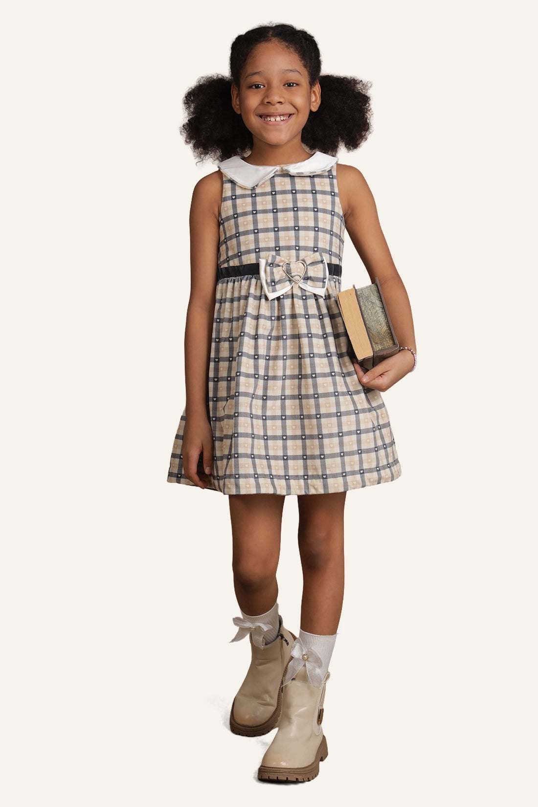 Girls Beige Checks Dress