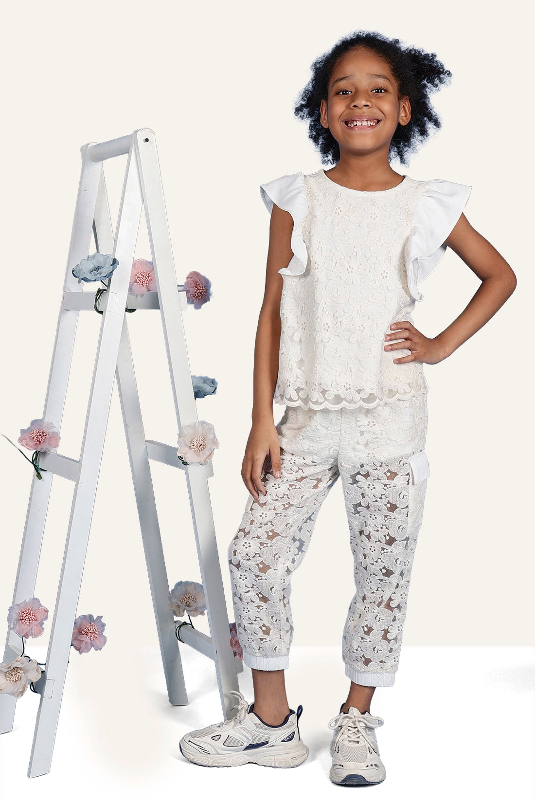 Girls Off White Round Neck Cotton Top